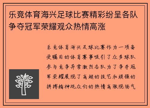乐竞体育海兴足球比赛精彩纷呈各队争夺冠军荣耀观众热情高涨