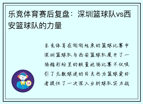 乐竞体育赛后复盘：深圳篮球队vs西安篮球队的力量