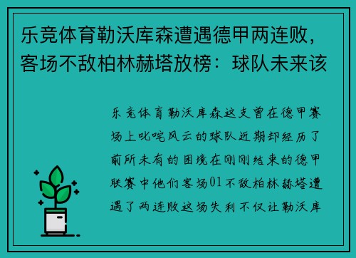 乐竞体育勒沃库森遭遇德甲两连败，客场不敌柏林赫塔放榜：球队未来该何去何从？